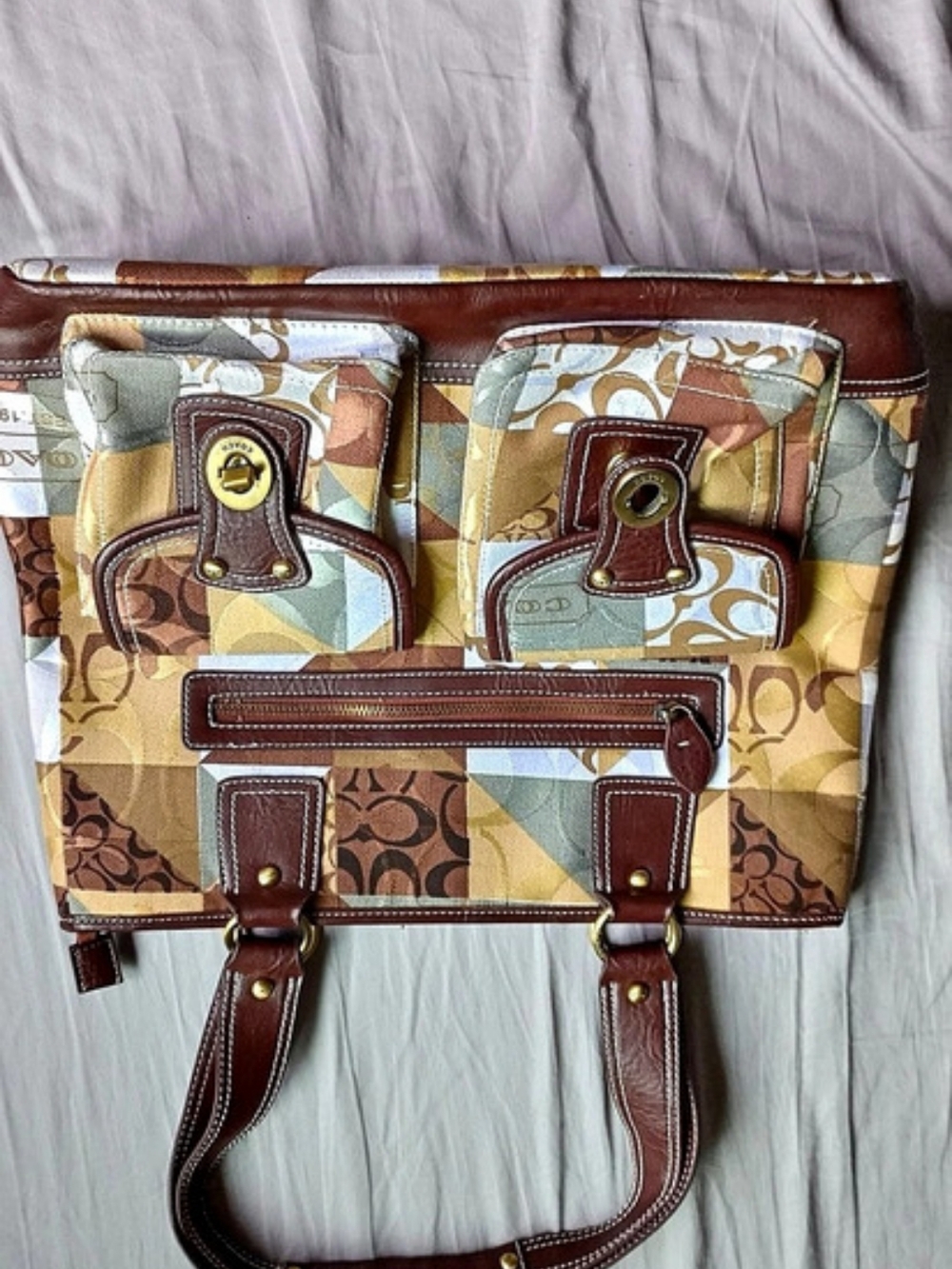 Coach Holiday Patchwork Gallery Tote Shoulder Bag Brown & Tan